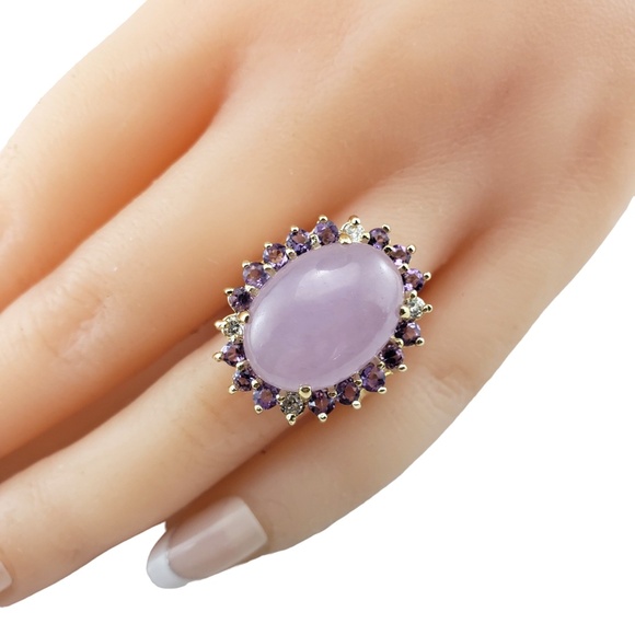 14K YG Jade, Amethyst & Diamond Ring Size 8 JAGi Certified #15762 - Picture 7 of 8